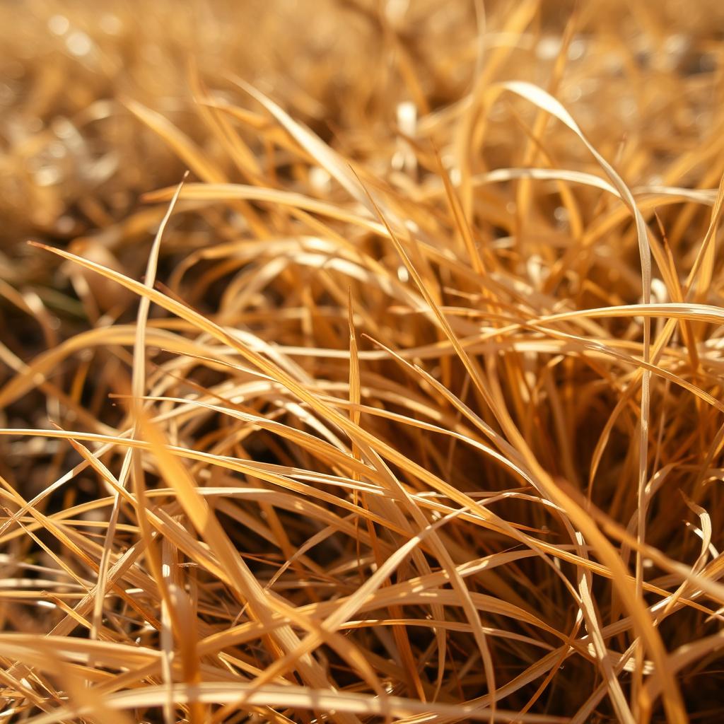 A close-up photograph of dry grass, shot from a 45° height angle