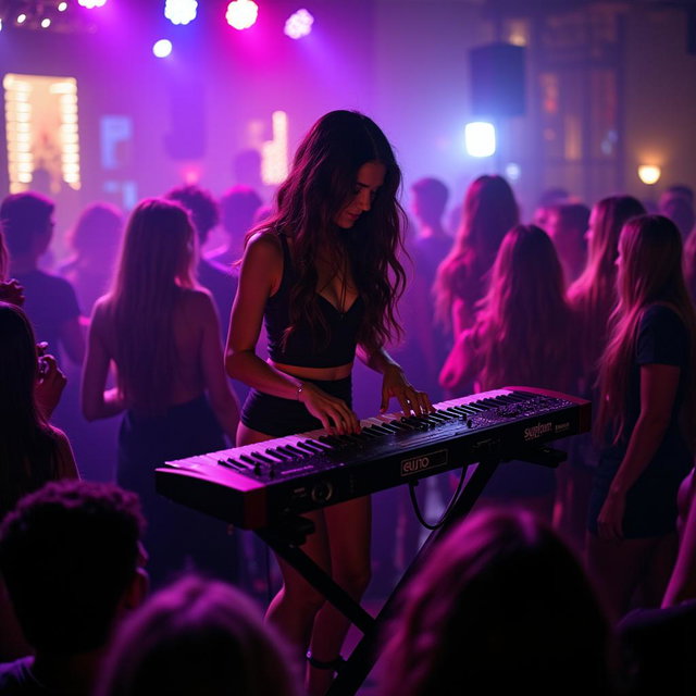 A 39-year-old attractive Caucasian woman, Dayna Wynter, expertly playing keyboards on a vibrant nightclub stage