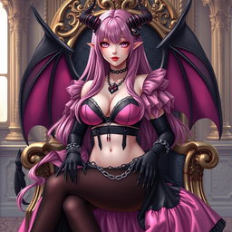 A realistic portrayal of a sexy dominatrix gothic anime succubus girl with wings, thin horns, and a tail