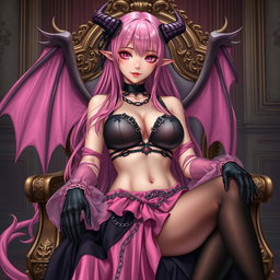 A realistic portrayal of a sexy dominatrix gothic anime succubus girl with wings, thin horns, and a tail