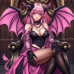 A realistic portrayal of a sexy dominatrix gothic anime succubus girl with wings, thin horns, and a tail