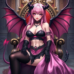 A realistic portrayal of a sexy dominatrix gothic anime succubus girl with wings, thin horns, and a tail