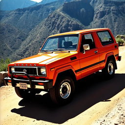 A classic 1988 Nissan Terrano with a vibrant orange exterior, showcasing its distinctive three-door design