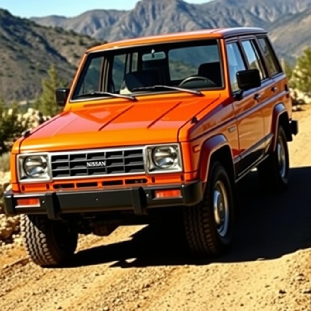 A classic 1988 Nissan Terrano with a vibrant orange exterior, showcasing its distinctive three-door design
