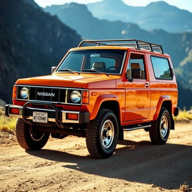A classic 1988 Nissan Terrano with a vibrant orange exterior, showcasing its distinctive three-door design