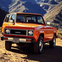 A classic 1988 Nissan Terrano with a vibrant orange exterior, showcasing its distinctive three-door design