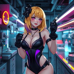 A sexy and cute gothic anime-inspired cyberpunk ripper doc character, playfully posing in a gothic futuristic lab while holding a syringe