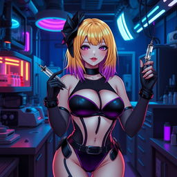 A sexy and cute gothic anime-inspired cyberpunk ripper doc character, playfully posing in a gothic futuristic lab while holding a syringe