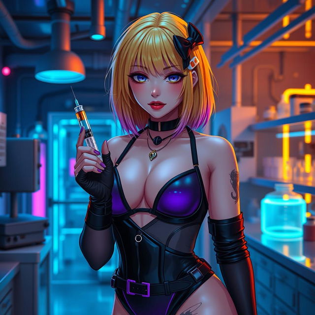 A sexy and cute gothic anime-inspired cyberpunk ripper doc character, playfully posing in a gothic futuristic lab while holding a syringe