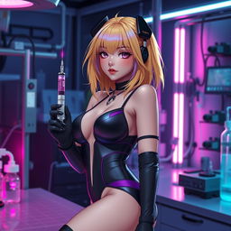 A sexy and cute gothic anime-inspired cyberpunk ripper doc character, playfully posing in a gothic futuristic lab while holding a syringe