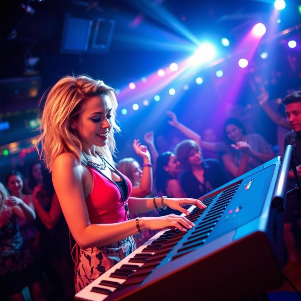 A 39-year-old attractive Caucasian woman, Dayna Wynter, with dirty blonde hair, passionately playing keyboards on a dynamic nightclub stage