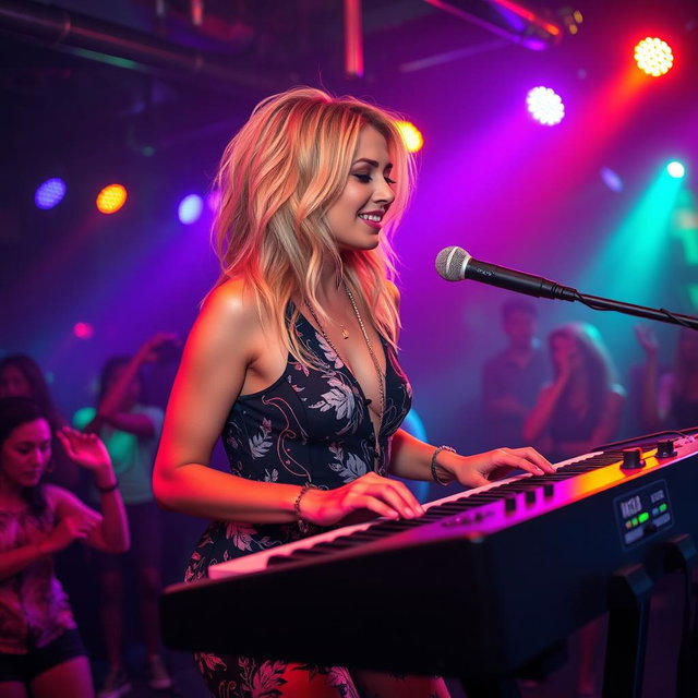 A 39-year-old attractive Caucasian woman, Dayna Wynter, with dirty blonde hair, passionately playing keyboards on a dynamic nightclub stage