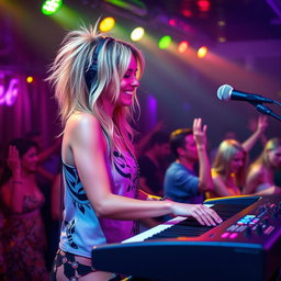 A 39-year-old attractive Caucasian woman, Dayna Wynter, with dirty blonde hair, passionately playing keyboards on a dynamic nightclub stage