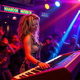 A 39-year-old attractive Caucasian woman, Dayna Wynter, with dirty blonde hair, passionately playing keyboards on a dynamic nightclub stage