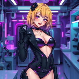 A sexy and cute gothic anime-inspired cyberpunk ripper doc character, playfully posing with a syringe in a gothic futuristic lab