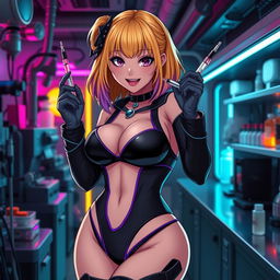 A sexy and cute gothic anime-inspired cyberpunk ripper doc character, playfully posing with a syringe in a gothic futuristic lab