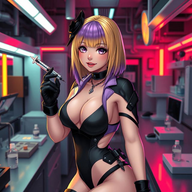 A sexy and cute gothic anime-inspired cyberpunk ripper doc character, playfully posing with a syringe in a gothic futuristic lab