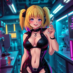 A sexy and cute gothic anime-inspired cyberpunk ripper doc character, playfully posing with a syringe in a gothic futuristic lab
