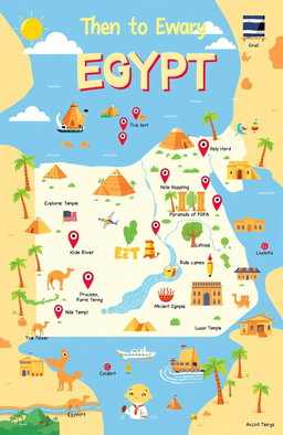 A vibrant and colorful cartoonish map of Egypt, showcasing famous landmarks such as the Pyramids of Giza, the Nile River, and Luxor Temple