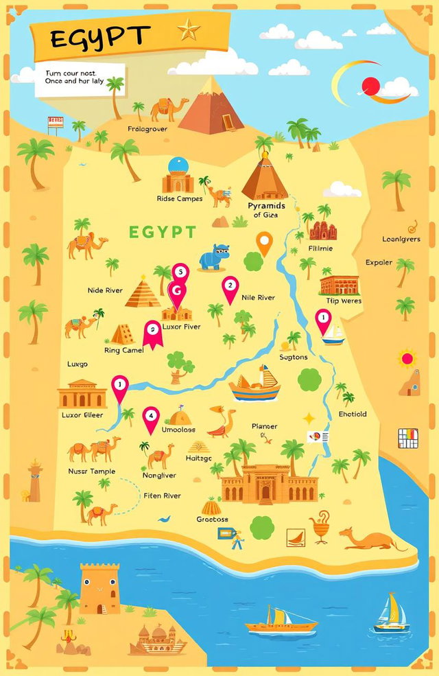 A vibrant and colorful cartoonish map of Egypt, showcasing famous landmarks such as the Pyramids of Giza, the Nile River, and Luxor Temple
