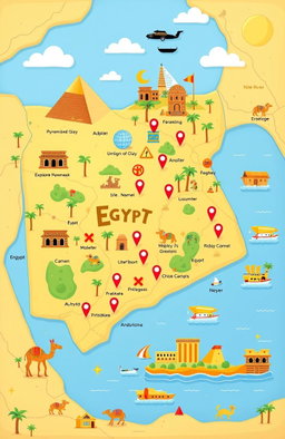 A vibrant and colorful cartoonish map of Egypt, showcasing famous landmarks such as the Pyramids of Giza, the Nile River, and Luxor Temple