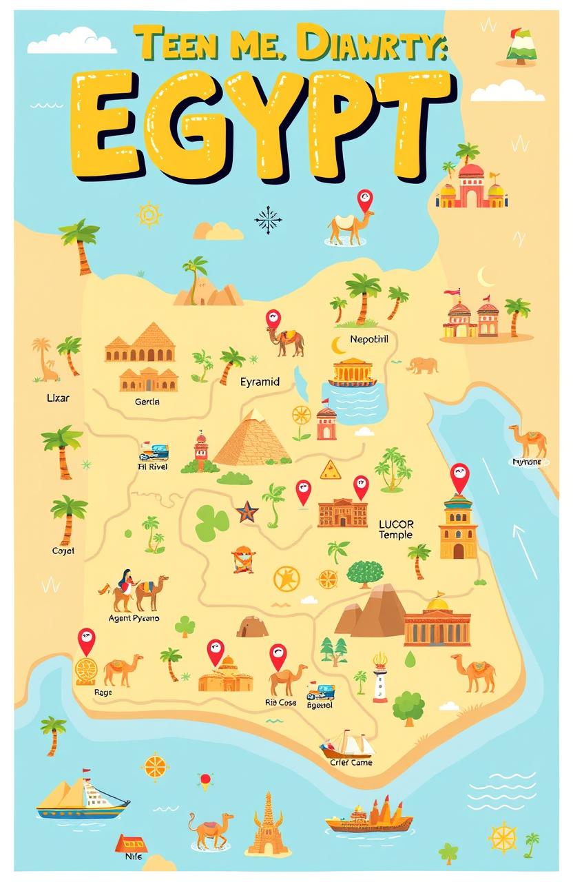 A vibrant and colorful cartoonish map of Egypt, showcasing famous landmarks such as the Pyramids of Giza, the Nile River, and Luxor Temple