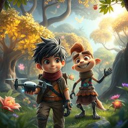 An enchanting scene in a magical forest where nature and technology harmoniously coexist