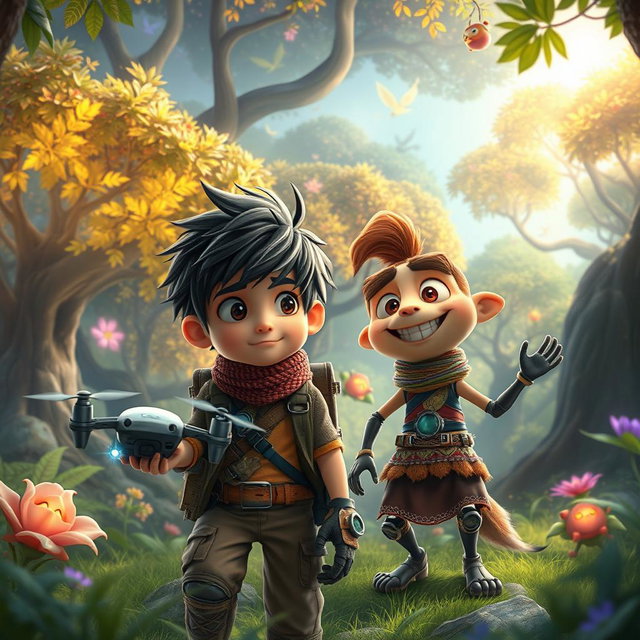 An enchanting scene in a magical forest where nature and technology harmoniously coexist