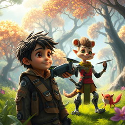 An enchanting scene in a magical forest where nature and technology harmoniously coexist