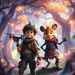 An enchanting scene in a magical forest where nature and technology harmoniously coexist
