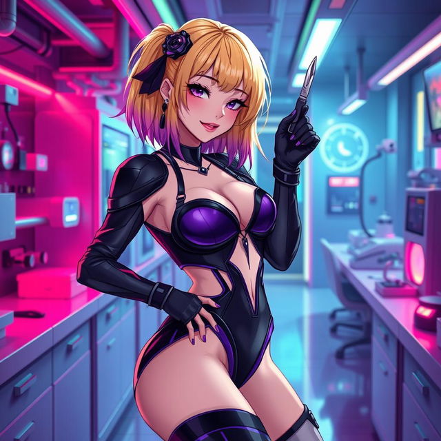 A sexy and cute gothic anime-inspired cyberpunk ripper doc character, playfully posing with a scalpel in a gothic futuristic lab