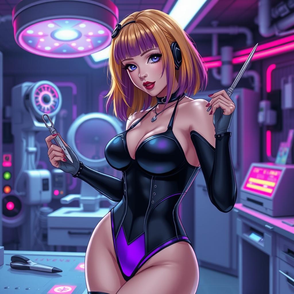 A sexy and cute gothic anime-inspired cyberpunk ripper doc character, playfully posing with a scalpel in a gothic futuristic lab