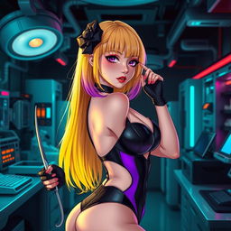 A sexy and cute gothic anime-inspired cyberpunk ripper doc character, playfully posing with a scalpel in a gothic futuristic lab