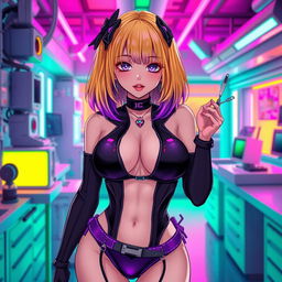 A sexy and cute gothic anime-inspired cyberpunk ripper doc character, playfully posing with a scalpel in a gothic futuristic lab