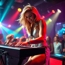 A 39-year-old attractive woman, Dayna Wynter, with dirty blonde hair, energetically playing keyboards on a vibrant nightclub stage