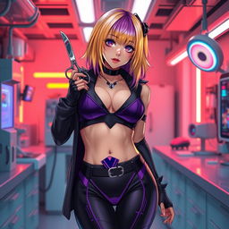 A sexy and cute gothic anime-inspired cyberpunk ripper doc character, playfully posing with a scalpel in a gothic futuristic lab