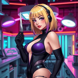 A sexy and cute gothic anime-inspired cyberpunk ripper doc character, playfully posing with a scalpel in a gothic futuristic lab