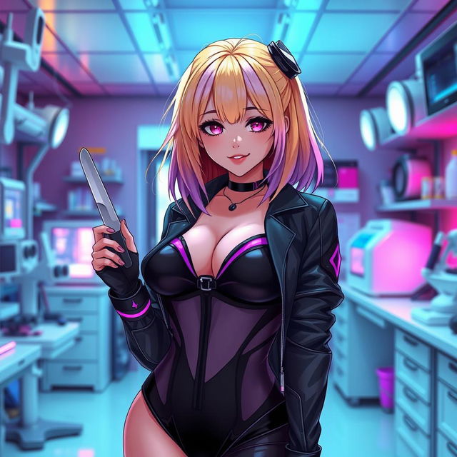 A sexy and cute gothic anime-inspired cyberpunk ripper doc character, playfully posing with a scalpel in a gothic futuristic lab