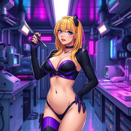 A sexy and cute gothic anime-inspired cyberpunk ripper doc character, playfully posing with a scalpel in a gothic futuristic lab