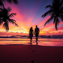 A vibrant sunset over a tranquil beach, with soft waves gently lapping at the shore