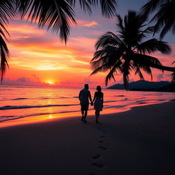 A vibrant sunset over a tranquil beach, with soft waves gently lapping at the shore