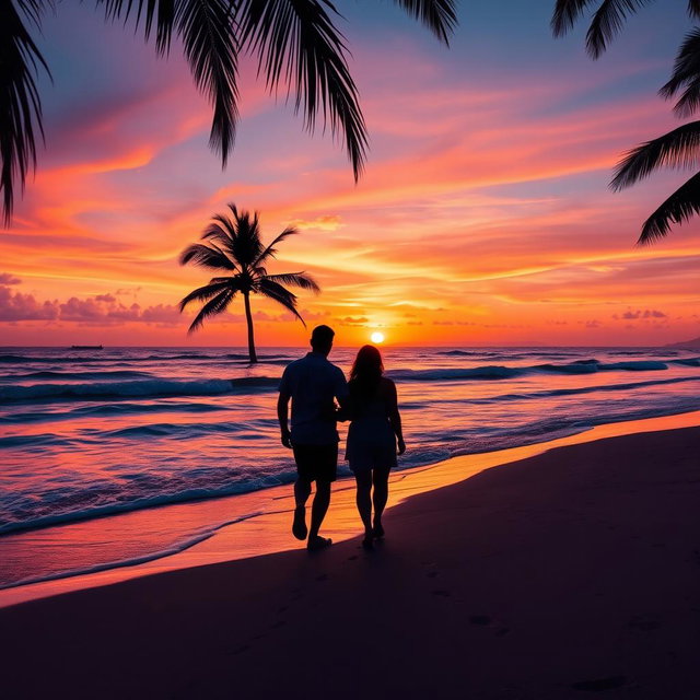 A vibrant sunset over a tranquil beach, with soft waves gently lapping at the shore