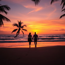 A vibrant sunset over a tranquil beach, with soft waves gently lapping at the shore