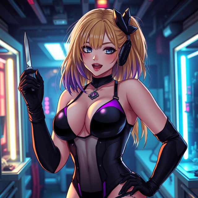 A sexy and cute gothic anime-inspired cyberpunk ripper doc character, playfully posing with a scalpel in a gothic futuristic lab