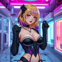 A sexy and cute gothic anime-inspired cyberpunk ripper doc character, playfully posing with a scalpel in a gothic futuristic lab