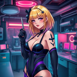A sexy and cute gothic anime-inspired cyberpunk ripper doc character, playfully posing with a scalpel in a gothic futuristic lab