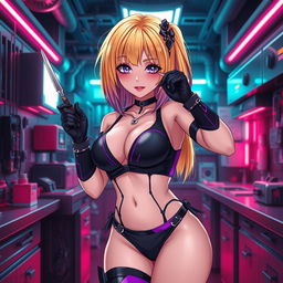 A sexy and cute gothic anime-inspired cyberpunk ripper doc character, playfully posing with a scalpel in a gothic futuristic lab