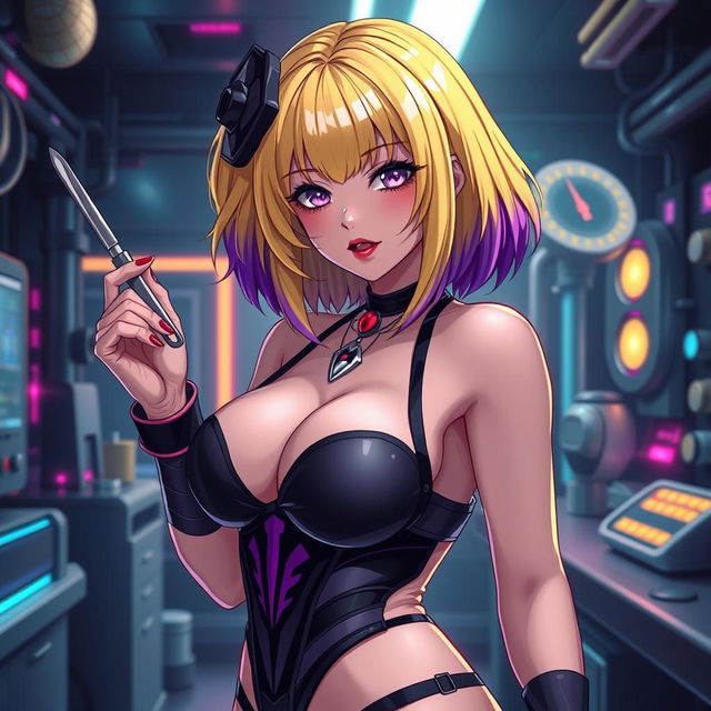 A sexy and cute gothic anime-inspired cyberpunk ripper doc character, playfully posing with a scalpel in a gothic futuristic lab