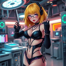 A sexy and cute gothic anime-inspired cyberpunk ripper doc character, playfully posing with a scalpel in a gothic futuristic lab