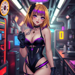 A sexy and cute gothic anime-inspired cyberpunk ripper doc character, playfully posing with a scalpel in a gothic futuristic lab